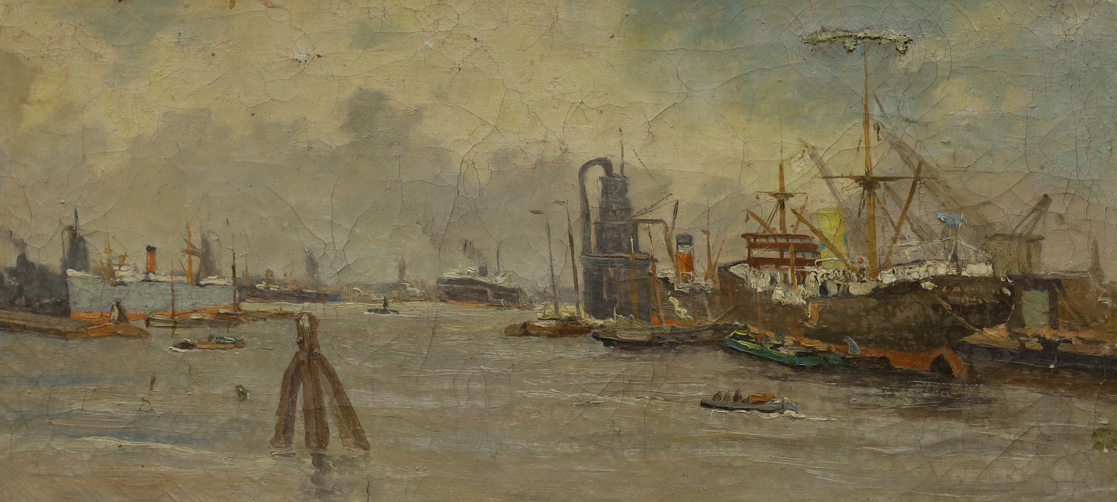 Rotgans, oil on canvas, Shipping in harbour, indistinctly signed, 37 x 79cm